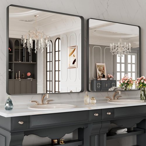 LOAAO Black Metal Framed Bathroom Mirror - 40x38 Inch, Anti-Rust, Tempered Glass, Versatile Hanging Options