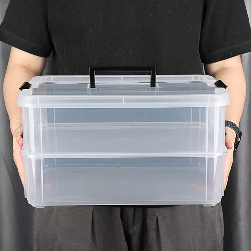 JUXYES Stackable Storage Box - 2-Tier Transparent Bin with Handle for Office & School Supplies