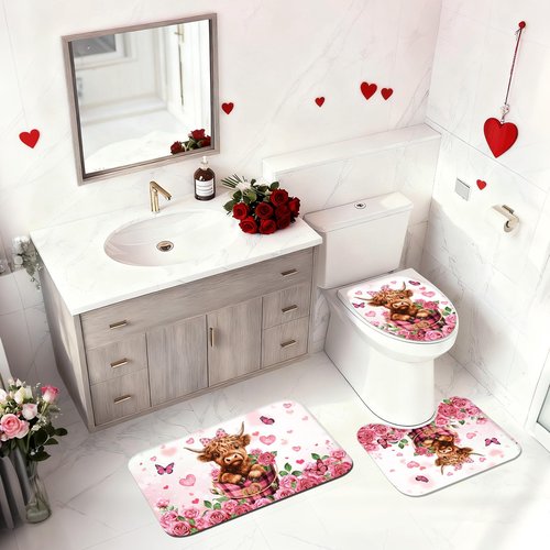 Valentines Shower Curtain Set Red Floral Sweet Love Hearts Shower Curtain with Non-Slip Bath Rugs, Toilet Lid Cover Cute Highland Cow Valentines Bathroom Decor Set (Pink, 72"W x 72"L (Pack of 1))