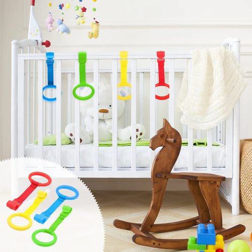 KALAMANDA 4 PCS Baby Playpen Pull Up Rings, Pull Up Handles Standing Walker Crib Pull Rings for Toddler Kids Children Walking Training Tool(Yellow/Red/Blue/Green)
