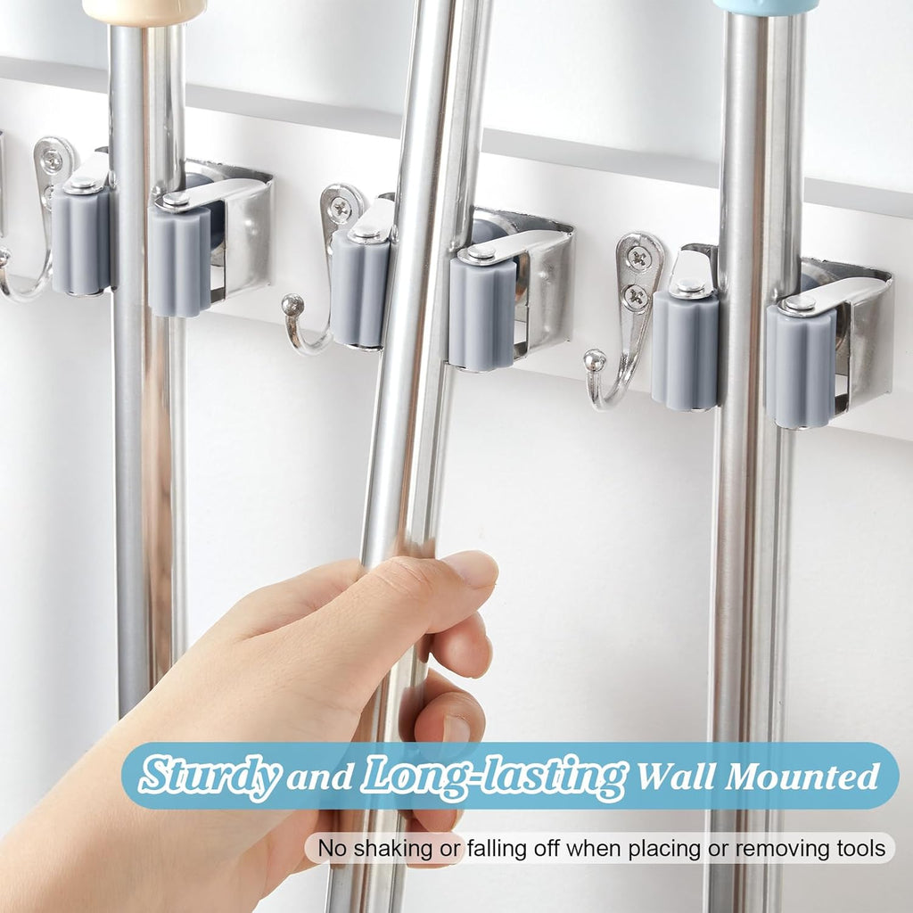 White Broom Holder Wall Mount - Heavy Duty Organizer with 5 Slots & 4 Hooks | Ideal for Laundry, Kitchen & Garage Storage