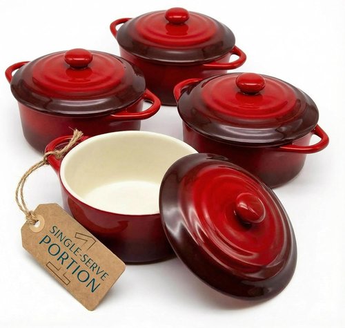 Kook Mini Cocotte Set - Individual Baking Ramekins with Lids | Oven & Microwave Safe, 12 oz, Set of 4 (Crimson Ombre)