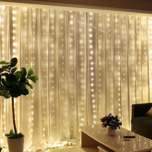 HXWEIYE 300LED Fairy Curtain Lights - 9.8x9.8Ft USB Plug-In with 8 Modes & Remote | Warm White Indoor Decor