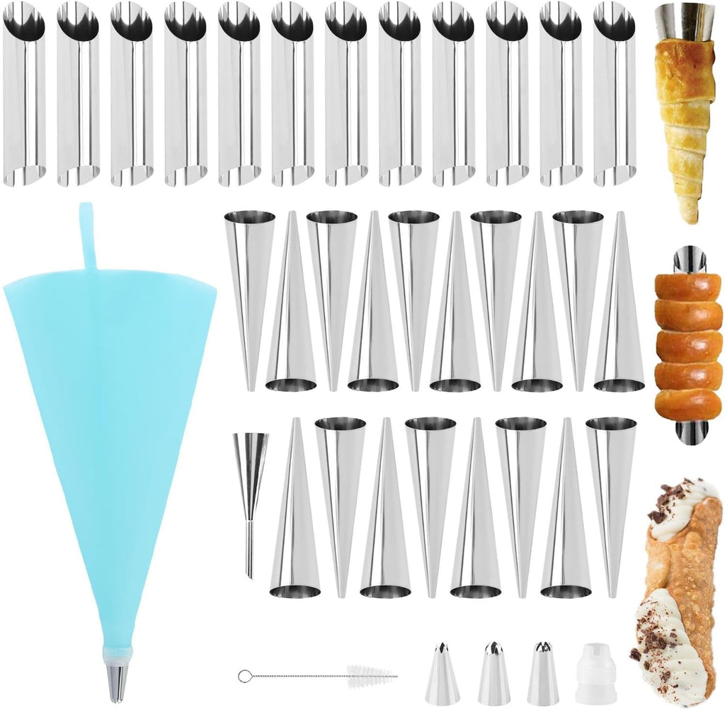 Skiennix Cream Horn Mold Kit - 35 Non-Stick Stainless Steel Conical Tubes for Danish Pastry | Silver
