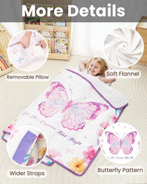 Primlect Toddler Nap Mat with Removable Pillow and Flannel Blanket, Portable Sleep Bag for Kids, Easy to Roll up, Washable, Perfect for Daycare, Preschool, Girls, 3-6 Years (Butterfly)