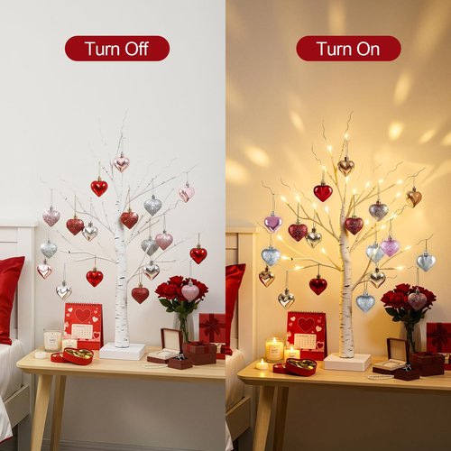 OLANRUN Valentines Day Decorations - 2 FT Birch Tree with 24 LED Warm Light 18 Heart Ornaments Set - Valentines Day Tree Decor for Home Office Bedroom Table Mantel Decor, USB or Battery Powered, White