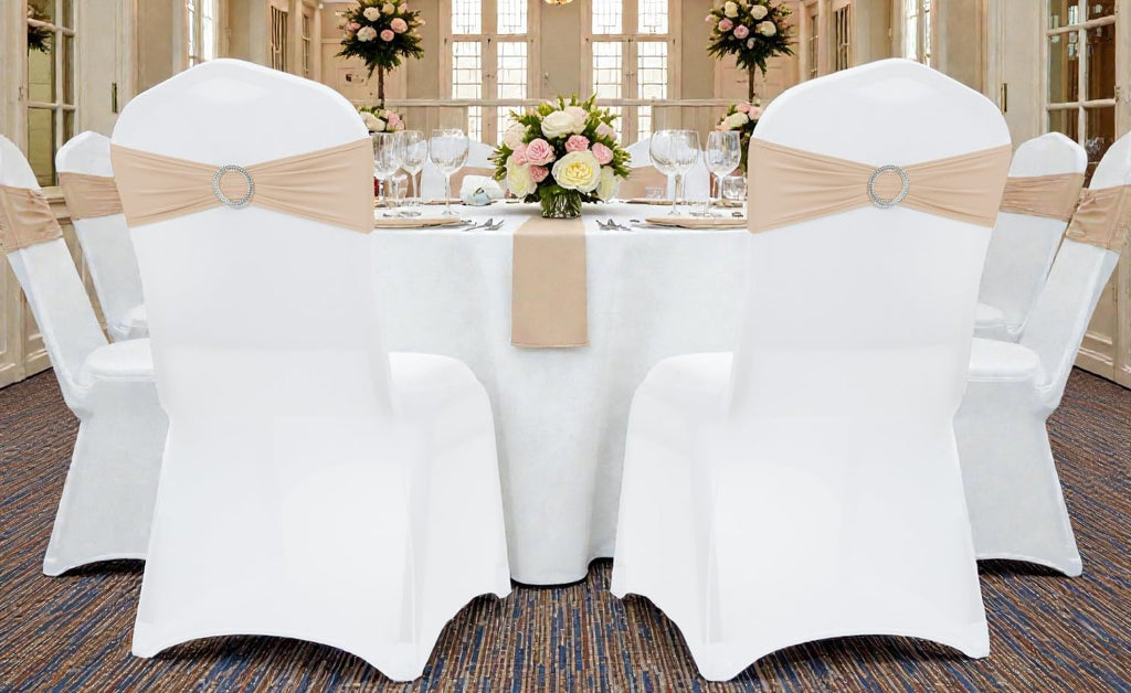 MDS Spandex Chair Sashes - Premium Stretch Covers with Buckle Slider for Weddings | 50 Pack - Champagne Gold