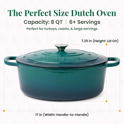 Larder & Vine Enameled Cast Iron Dutch Oven - 8 Qt Pot with Lid | Ideal for Bread Baking | Oven Safe to 500°F | Bondi Color