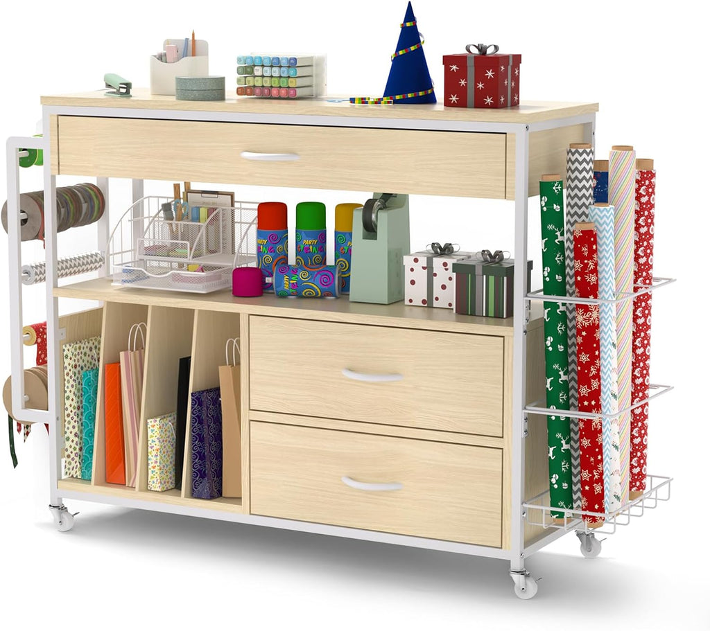 Skiennix Wrapping Paper Organizer - Craft Cart with Ribbon & Gift Bag Storage | 3 Wooden Drawers, Oak