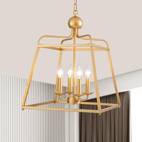 15.7 Inch Gold Farmhouse Chandeliers for Dining Room, 4-Light Dining Light Fixture with E12 Base, Adjustable Height Kitchen Chandeliers Over Table, Chandelier Light for Kitchen Island Foyer Hallway