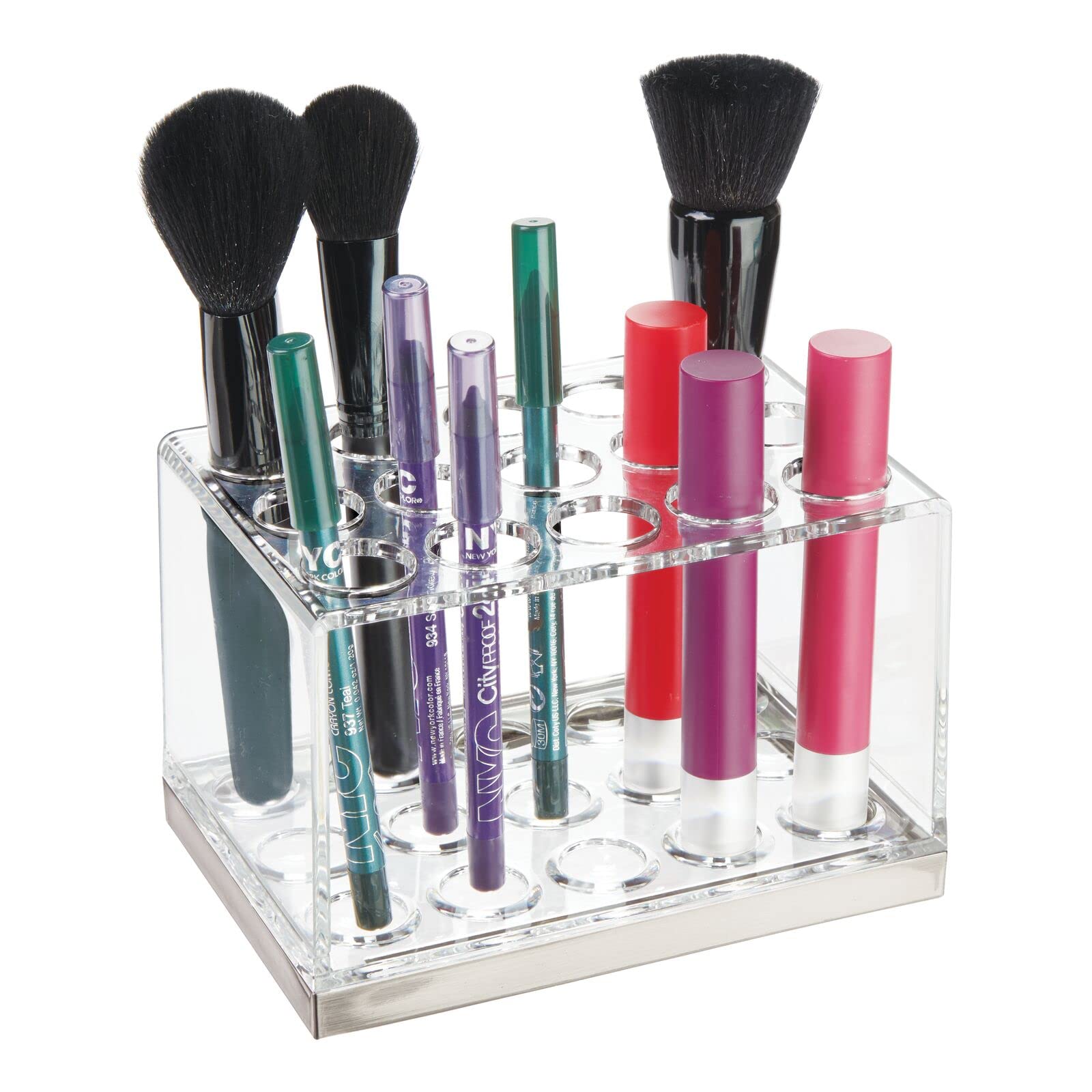 mDesign Plastic Makeup Brush Storage Organizer with 15 Slots for Bathroom Countertop, Vanity to Hold Eye/Lip Pencils, Lip Gloss, Liners, Lipstick - Clear/Brushed