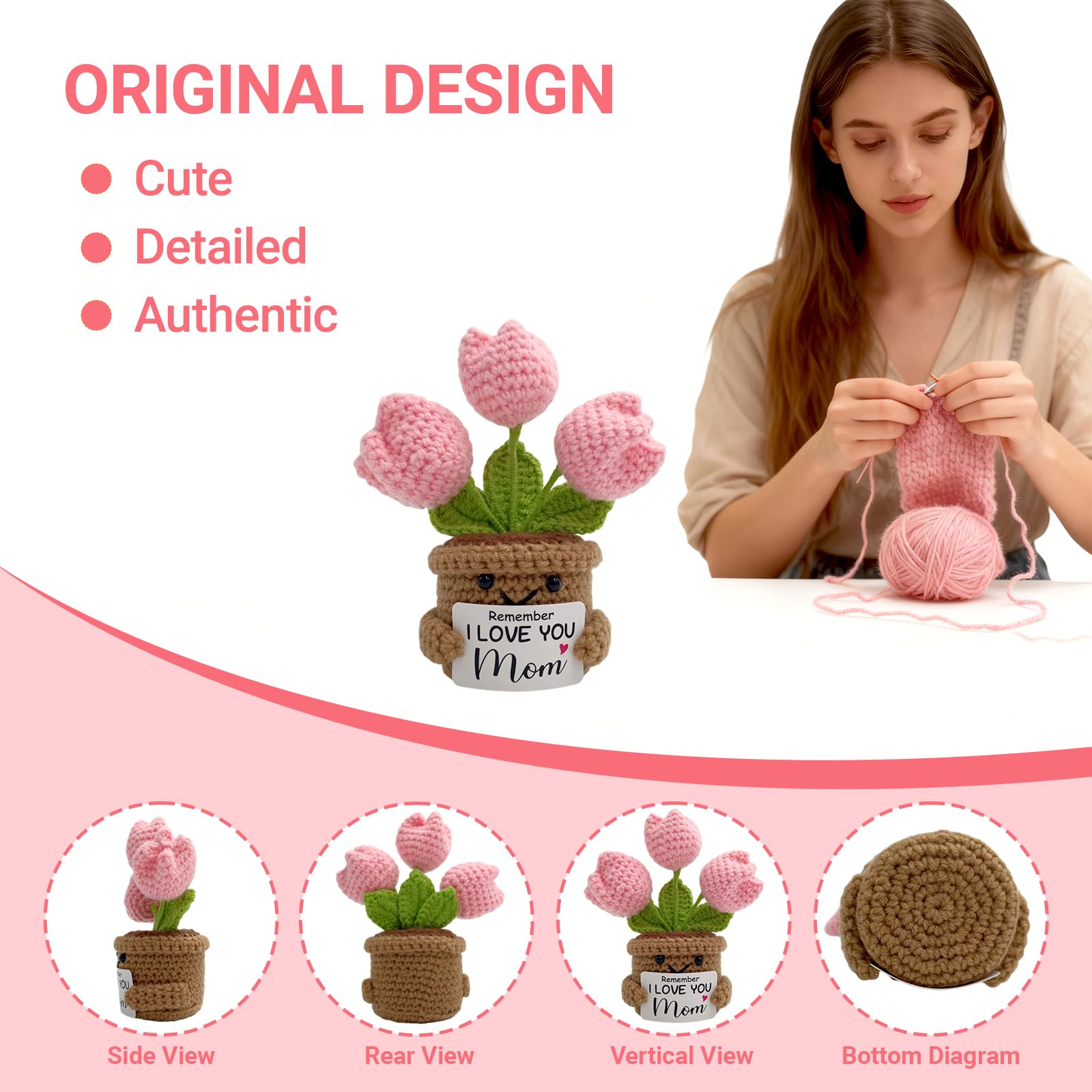 Fmcmly Mini Birthday Gifts for Mother, Remember I Love You MOM, Handmade Crochet Cute Tulip Flower, Gift for Mom from Daughter or Son