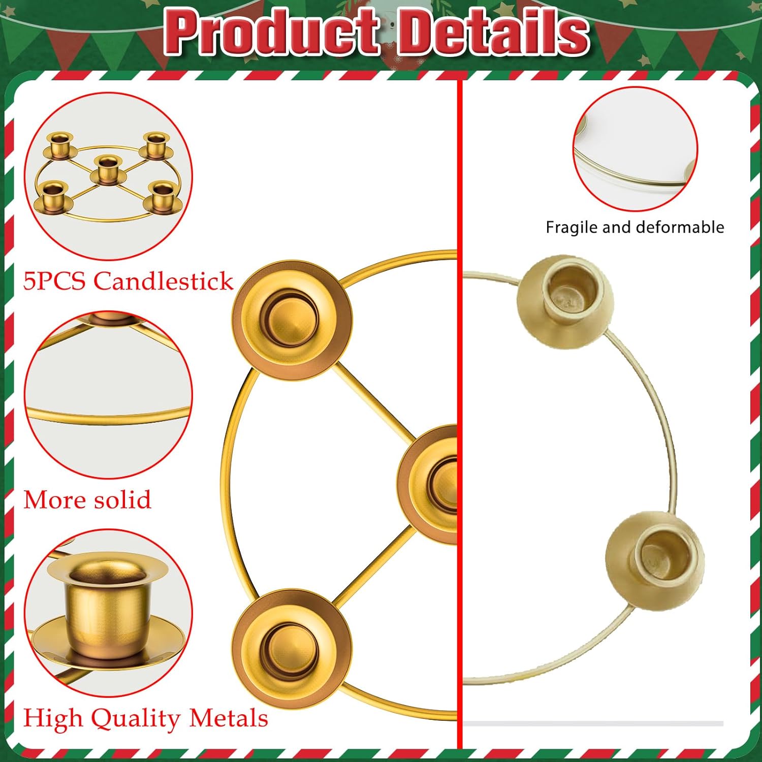 Advent Wreath | 5-Candle Holder with Decorative Rings for Tapered Candles - Gold Finish