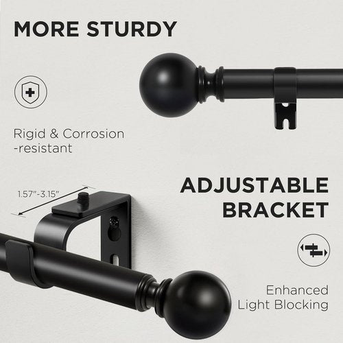 Joydeco Black Curtain Rods - Heavy Duty Adjustable Design for Windows 32 to 120 Inches | 1 Inch Diameter