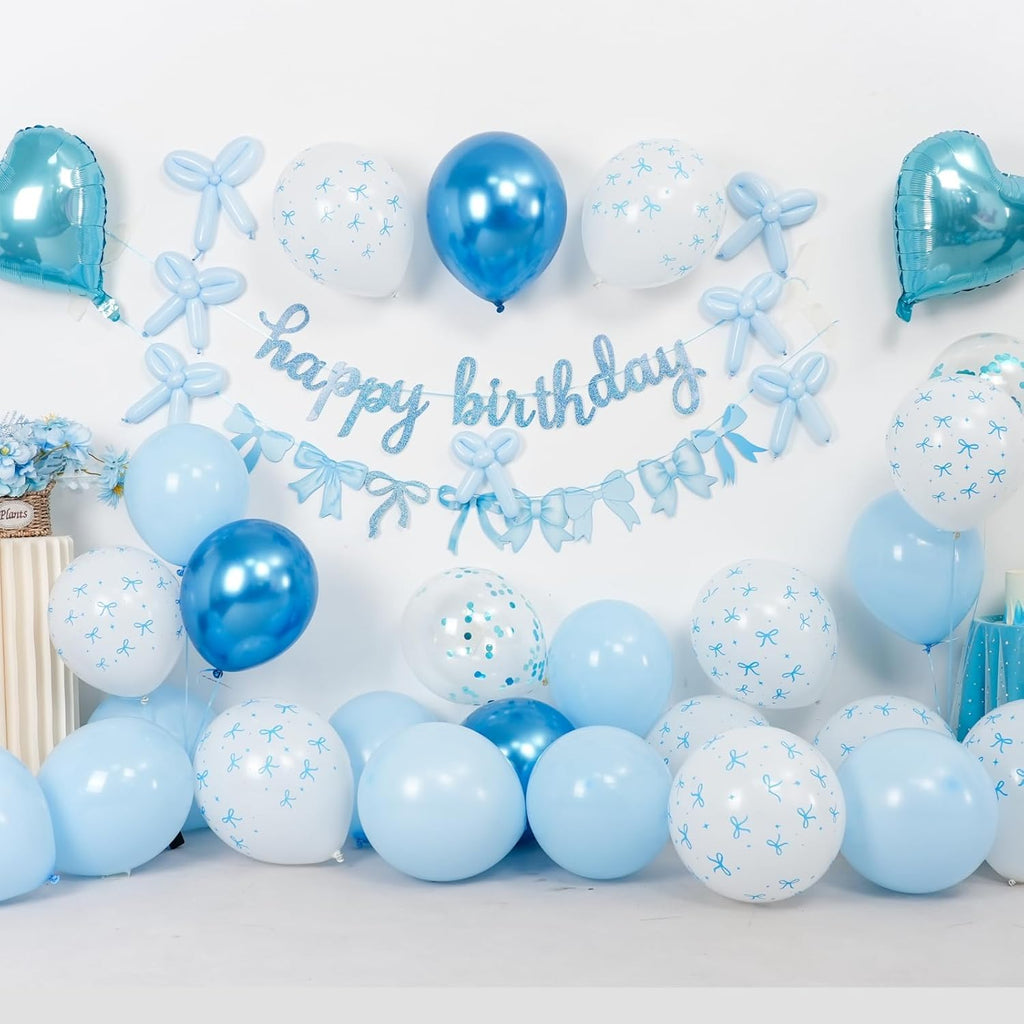 Skiennix Blue Bow Birthday Decorations - Coquette Party Set with Happy Birthday Banner & Foil Balloons