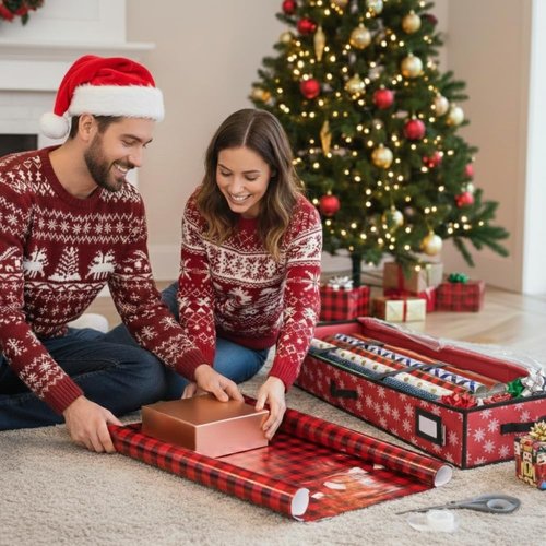 HOLDN' STORAGE Wrapping Paper Storage Container - Durable 600D Tear-Proof, Fits 27 Rolls, Extra Pockets for Ribbons & Bows - Red/White Snowflakes