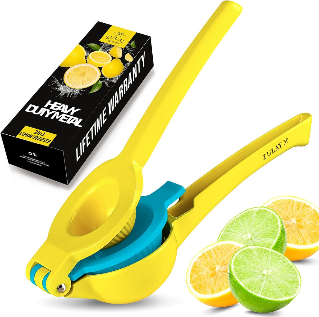 Zulay 2-In-1 Lemon Squeezer - Sturdy Manual Juicer for Maximum Juice Extraction | Easy to Clean - Yellow/Blue