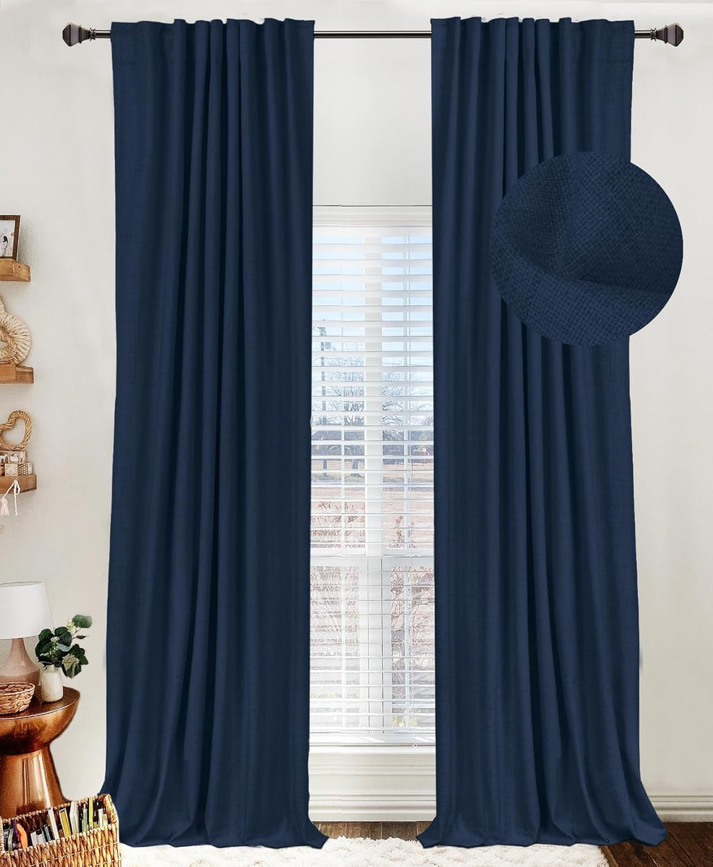 Skiennix 100% Blackout Linen Curtains - Thermal Insulated Drapes for Bedroom | 50" W x 96" L, Midnight Blue