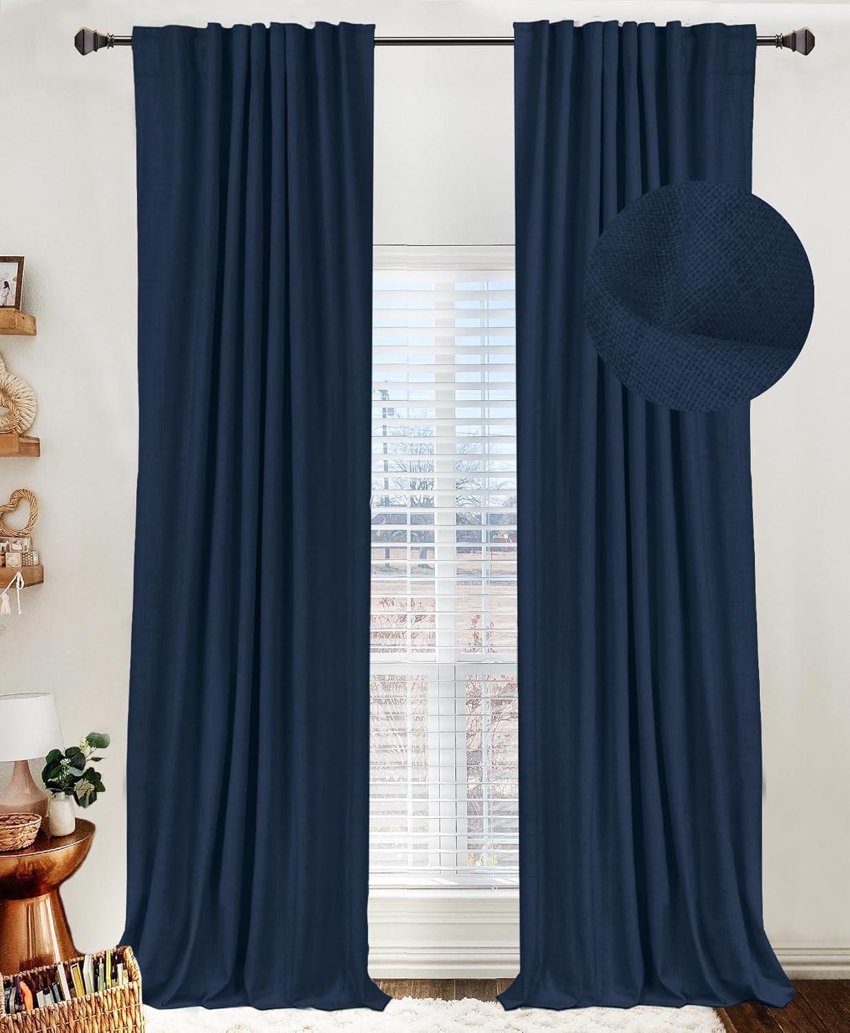 Skiennix 100% Blackout Linen Curtains - Thermal Insulated Drapes for Bedroom | 50" W x 96" L, Midnight Blue