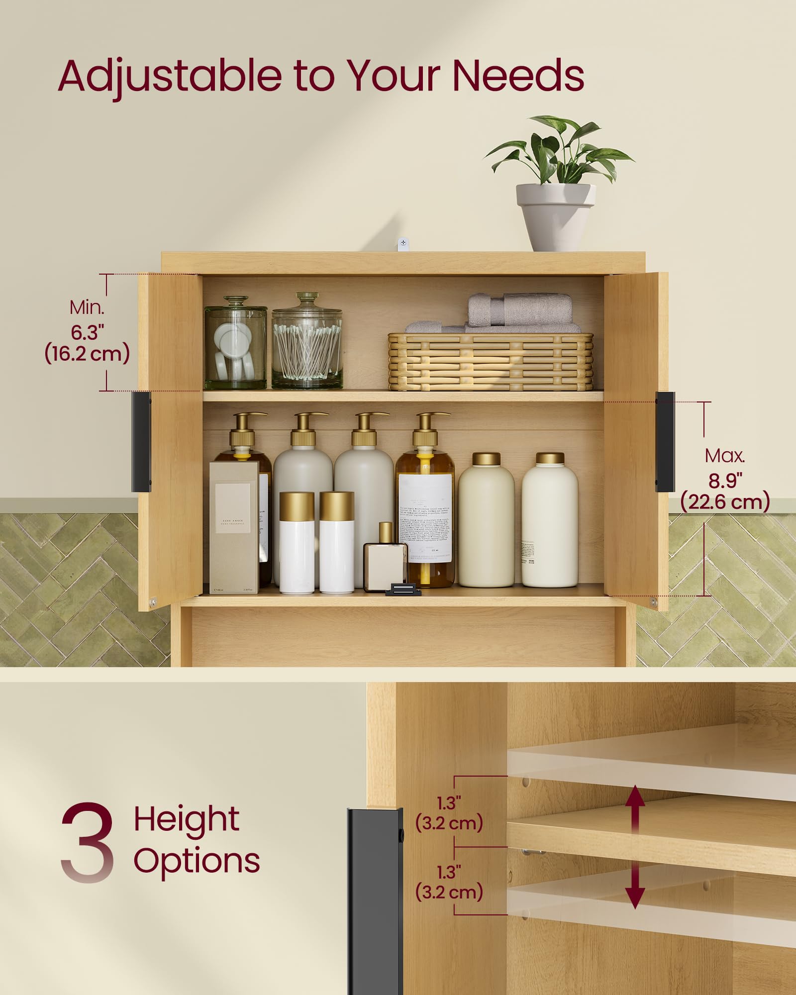 VASAGLE MAXE Collection - Over the Toilet Storage Cabinet, 23.6-Inch Wide Mid Century Modern Bathroom Organizer with Fluted Doors, Adjustable Shelf, Space-Saving, Oak Beige UBTS028YC01S