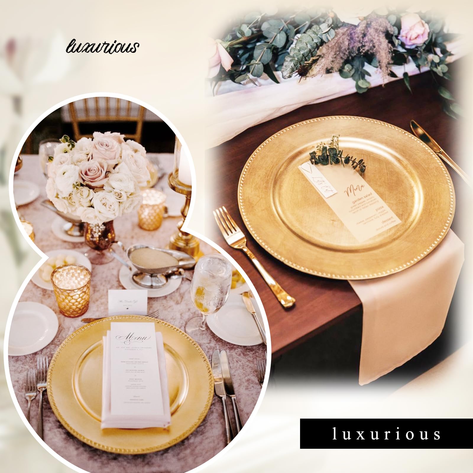 YJYQHYX 24 Pack Gold Charger Plates 13" Plastic Round Charger Plates Dinner Plate With Beaded for Wedding Table Dinner Kitchen Easter Catering Event Party Decoration