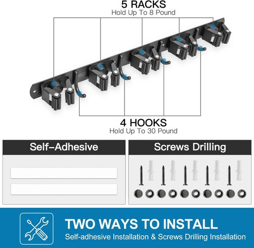 IMILLET Broom Holder Wall Mount - Heavy Duty Stainless Steel Organizer with 5 Racks & 4 Hooks