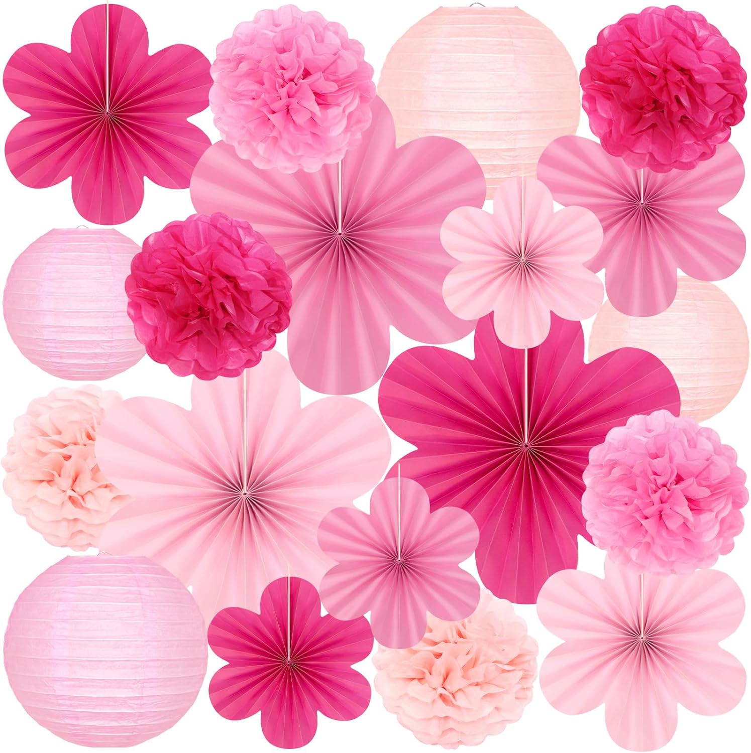 Skiennix 19 Pcs Pink Party Decorations - Light Hot Pink Hanging Lanterns & Tissue Pom Poms for Birthdays & Weddings