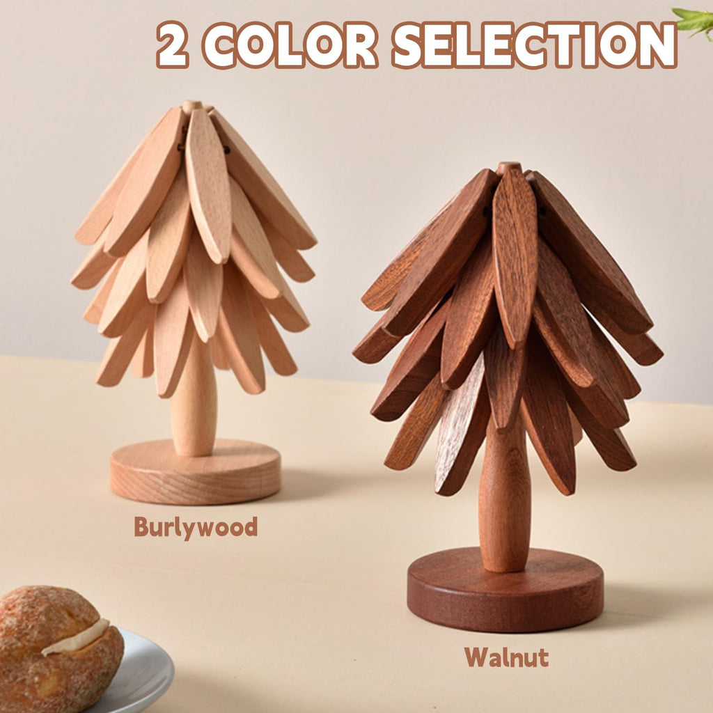 Walnut Wood Trivet Set by [Brand Name] - Tree Shape Design | 4 Trivets + Stand for Hot Dishes