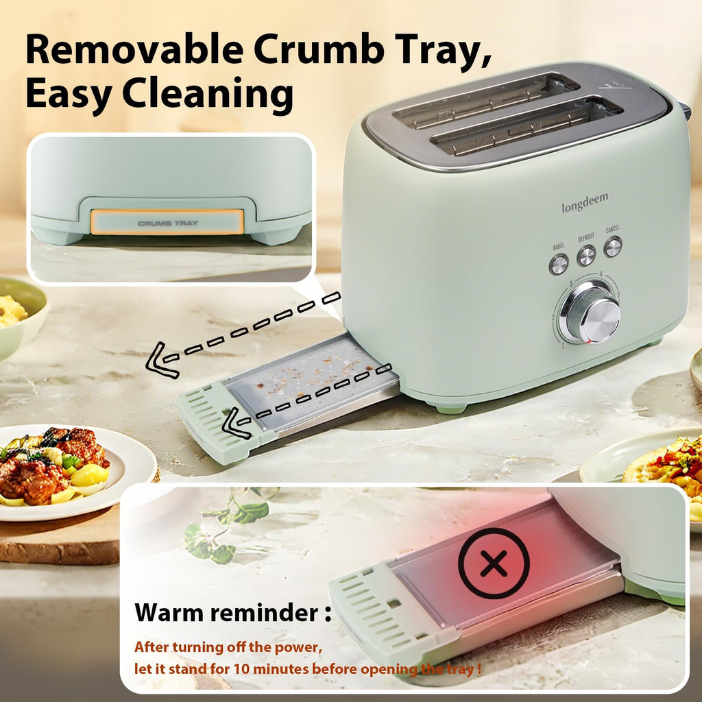 2 Slice Toaster - Stainless Steel, 1.5" Extra Wide Slots, 6 Browning Settings, Bagel/Defrost/Cancel Modes, Green