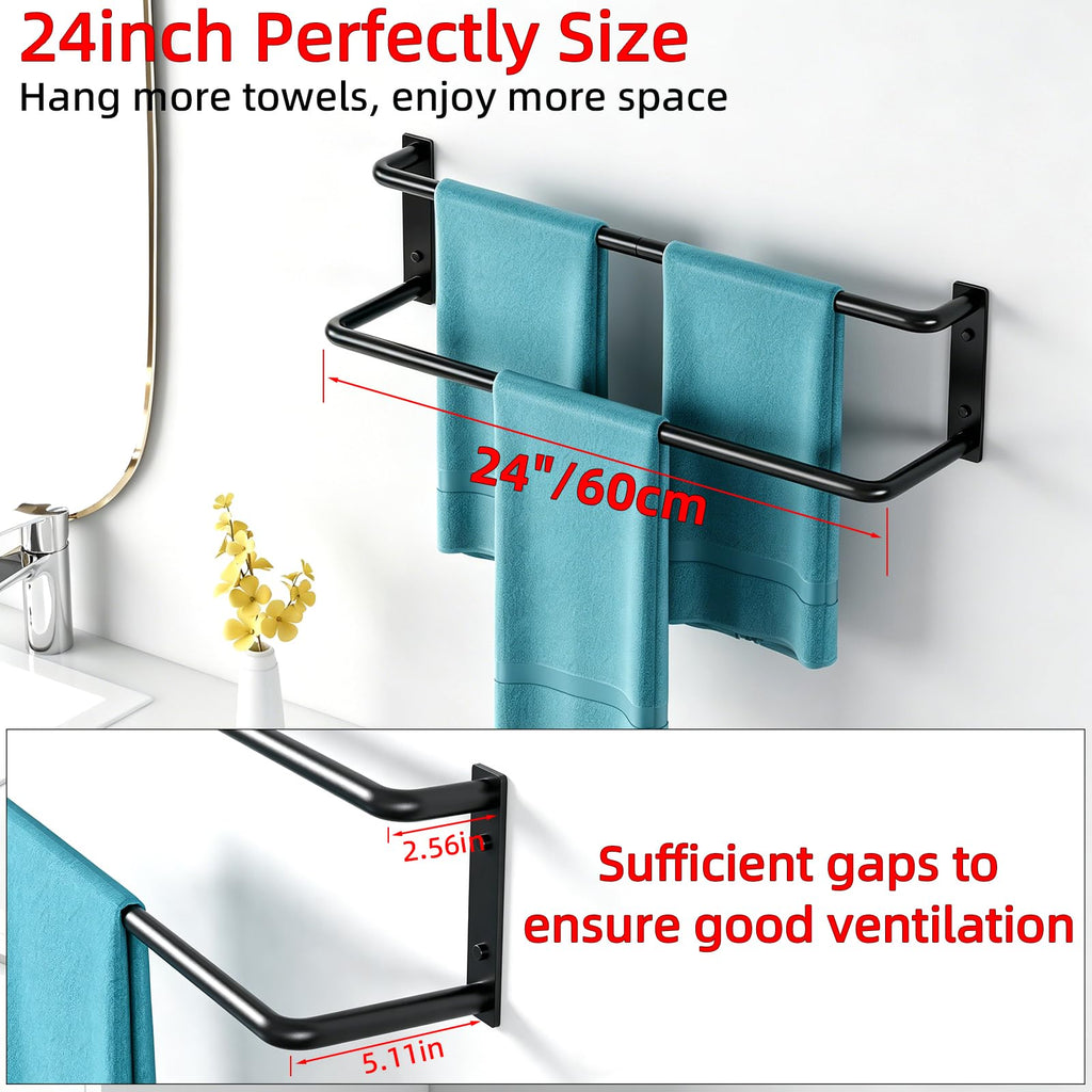 24 Inch Double Towel Bar, Towel Rack for Bathroom Wall Mounted, Stainless Steel Towel Holder, Double Towel Rod Towel Rail Hanger for Wall, Modern Home Decor Hand Towel Holder, Matte Black