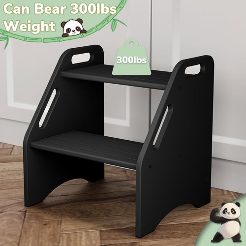 AMBIRD Wooden Step Stool, 15.75'' H Potty Training Toddler 300 lbs Capacity with Safety Non-Slip Pads and Handles, Step Stools for Kids, Bamboo 2-Step Stool for Bathroom, High Beds (Black)