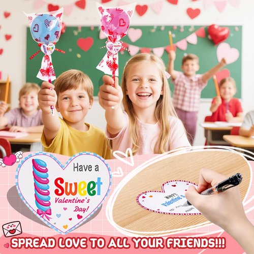 JOYLOKY 240pcs Stationery Set Valentines Day Gifts for Kids Classroom Exchange with Giant Lollipop, 24 Pack Valentines Day Cards for Kids School Party Favors Prizes Goodie Bag Stuffers