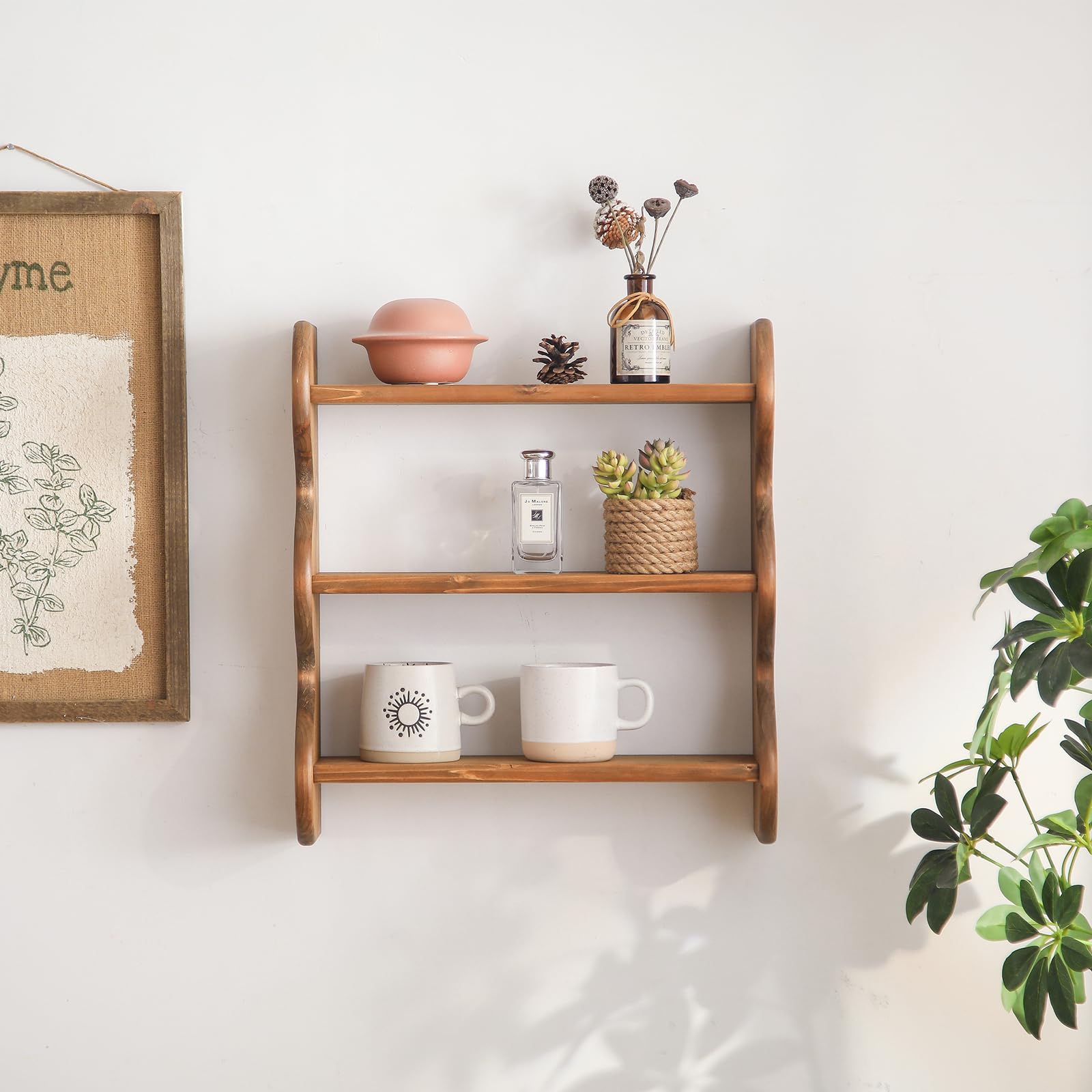 HuiDao 100% Solid Wood Wall Shelf 3-Tier, Rustic Floating Shelves Wall Mounted Storage Rack, Farmhouse Decor Hanging Shelf Display Shelves for Apartment, Living Room and Bedroom