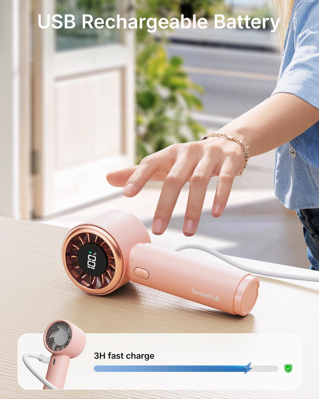 Sweetfull Mini Fan - Portable Handheld Turbo Fan with Rechargeable Battery | 5 Speeds, Pink