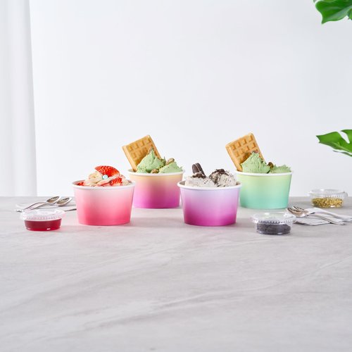 Restaurantware Paper Cups 200 Count 8 Ounce Square Disposable Ice Cream Containers, Leak-Resistant Paper Dessert To Go Cups, Hot And Cold Food, Durable Assorted Ombre Design