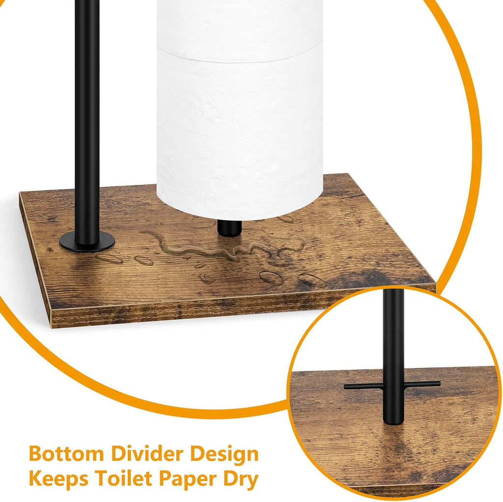 Rustic Brown Farmhouse Toilet Paper Dispenser - Free-Standing Holder with Shelf for Bathroom Storage