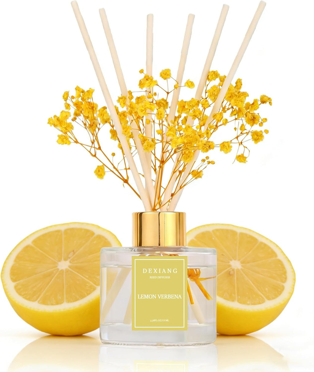 Reed Diffuser Set - Premium Lemon Verbena Scented Oil with Baby's Breath & Cotton Sticks | Long-Lasting Aromatherapy for Home Decor