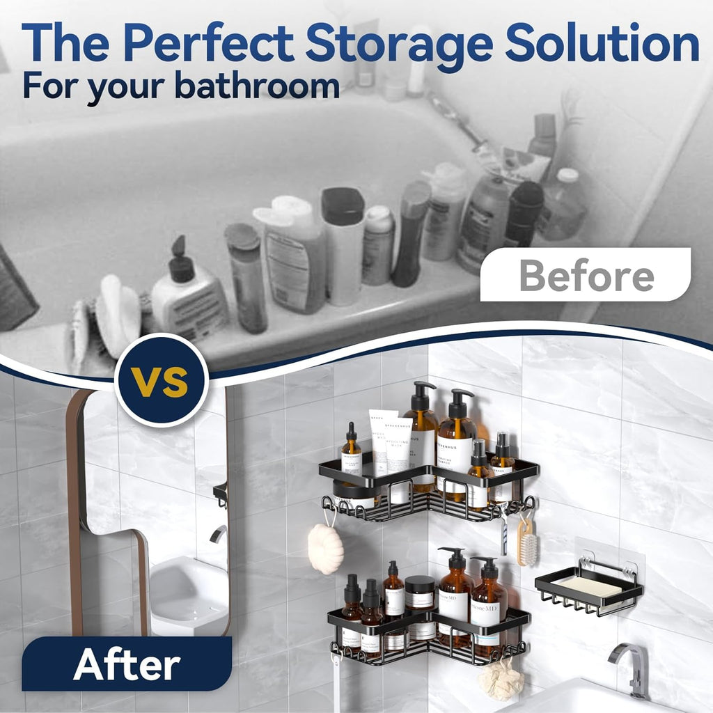 YASONIC Shower Caddy - Rustproof Stainless Steel Bathroom Organizer with Soap Holder & 12 Hooks | Black 3-Pack