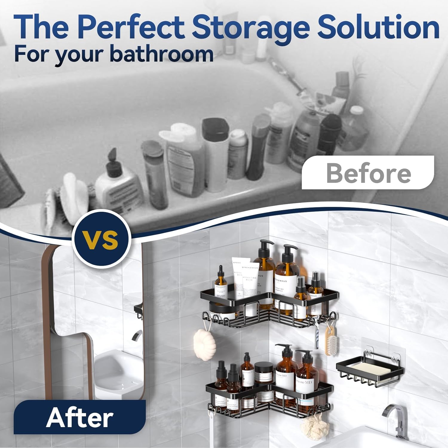YASONIC Shower Caddy - Rustproof Stainless Steel Bathroom Organizer with Soap Holder & 12 Hooks | Black 3-Pack