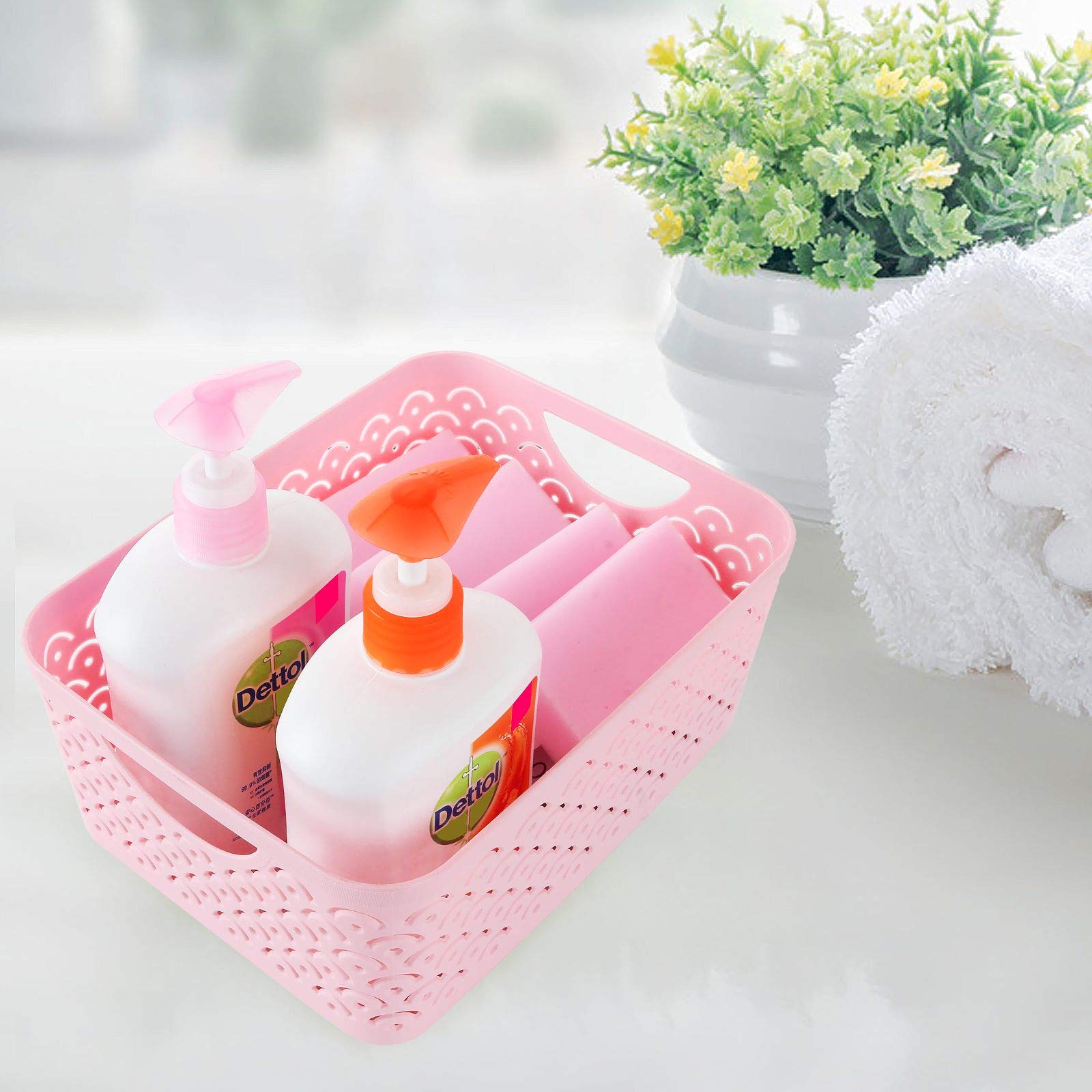 STARVAST 5 Pack Plastic Storage Baskets, Portable Pink Fish Scale Pattern Hollow Desktop Storage Bin Box with Handle for Kitchen, Bathroom, Kids Room or Nursery Storage – 9.4 x 7.1 x 4.1 inches