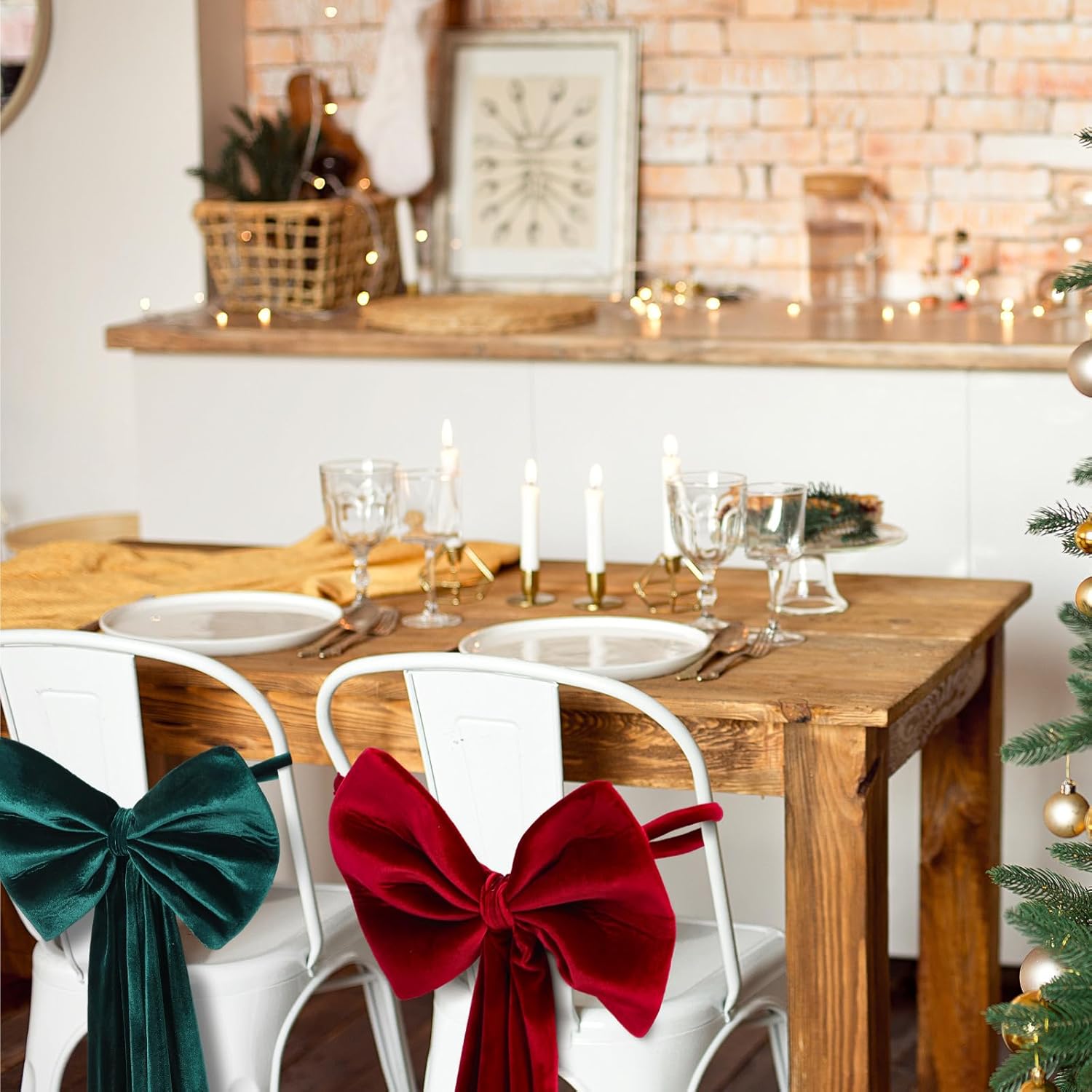 Suncalla Velvet Chair Bows - Elegant 12 x 43 Inch Red & Green Sashes for Weddings, Parties & Decor
