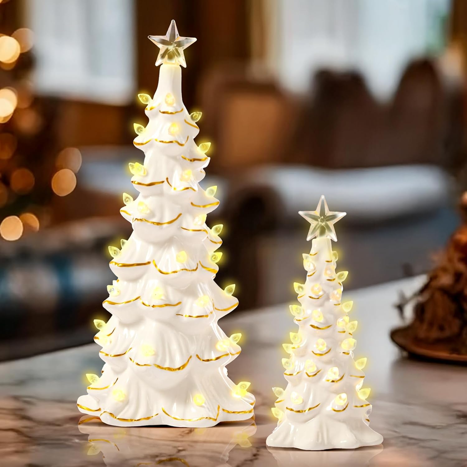 WDS WONDROUS Ceramic Christmas Tree Tabletop - Prelit White & Gold Accents | 2-Piece Small Xmas Decor