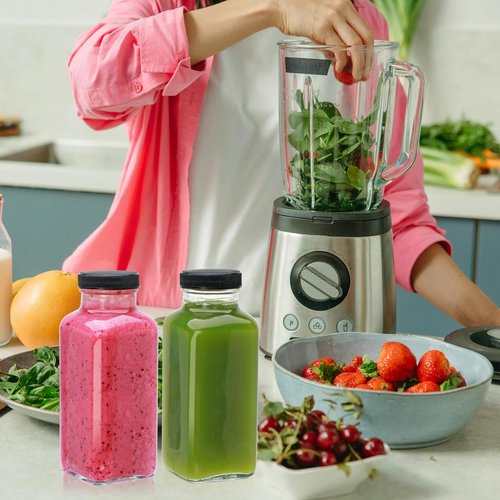 Maredash 12oz Glass Bottles with lids,juice bottles gifts for women,glass bottles with lids,glass water bottles. Kit includes Stainless Steels Straws,Two Types of Lid,Cleaning Brush 6pcs