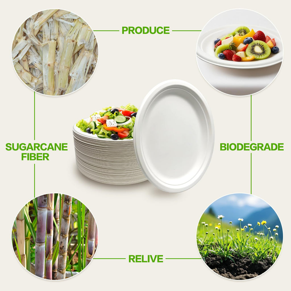 Nexboraque 100 Pack Compostable Oval Paper Plates, 12.5 Inch Disposable Heavy Duty Bagasse Platters White Dinner Plates for Restaurant, Parties, Home, BBQ, Picnic, Christmas