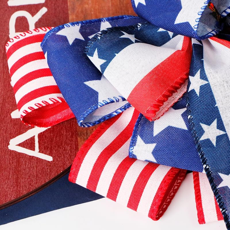 SIMISI Ribbon Patriotic Wreath Bow - 4th of July Decorations in Red, White & Blue Stars (11x20 Inch)