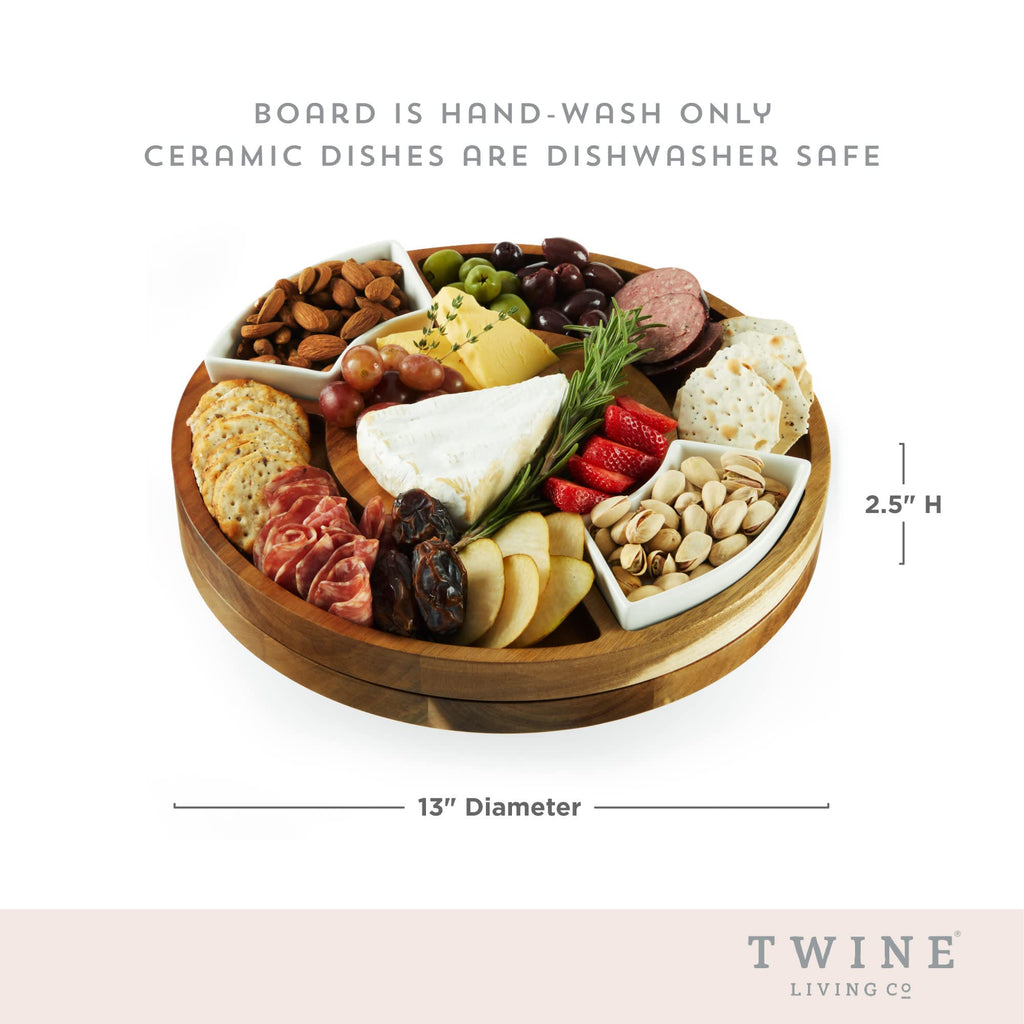 Twine Rotating Wood Serving Board - Round Charcuterie Board - Lazy Susan Wooden Cheese Board Set with Ceramic Dishes - Set of 1