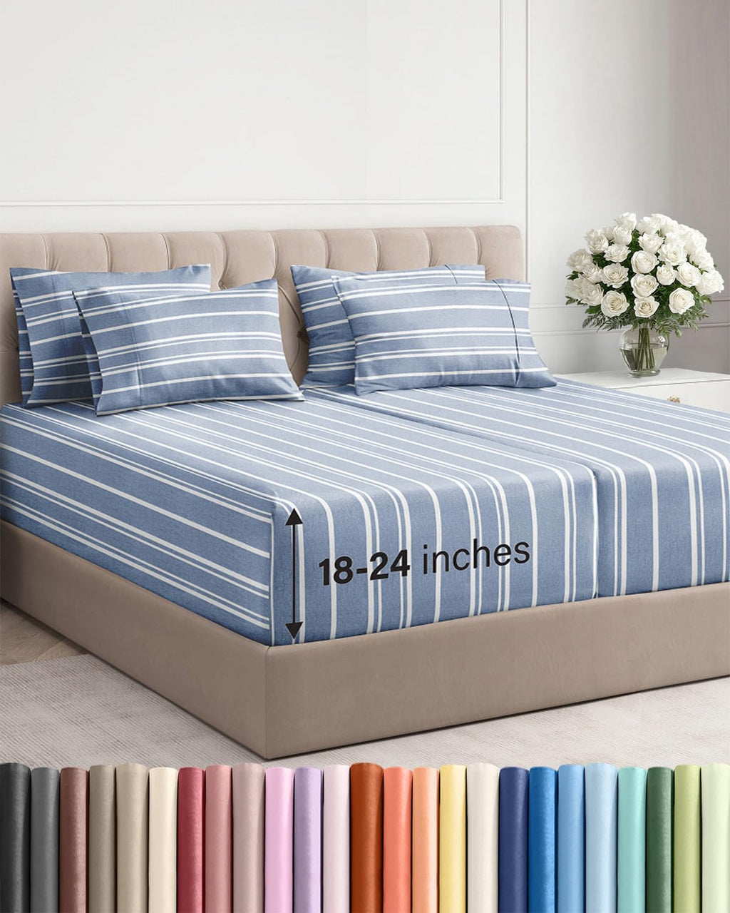 Skiennix Extra Deep Split King Sheet Set - 7 Piece Breathable Cooling Bedding - Soft Wrinkle-Free Blue Stripes