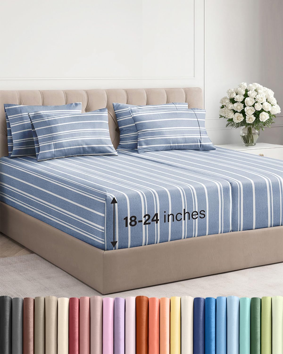 Skiennix Extra Deep Split King Sheet Set - 7 Piece Breathable Cooling Bedding - Soft Wrinkle-Free Blue Stripes