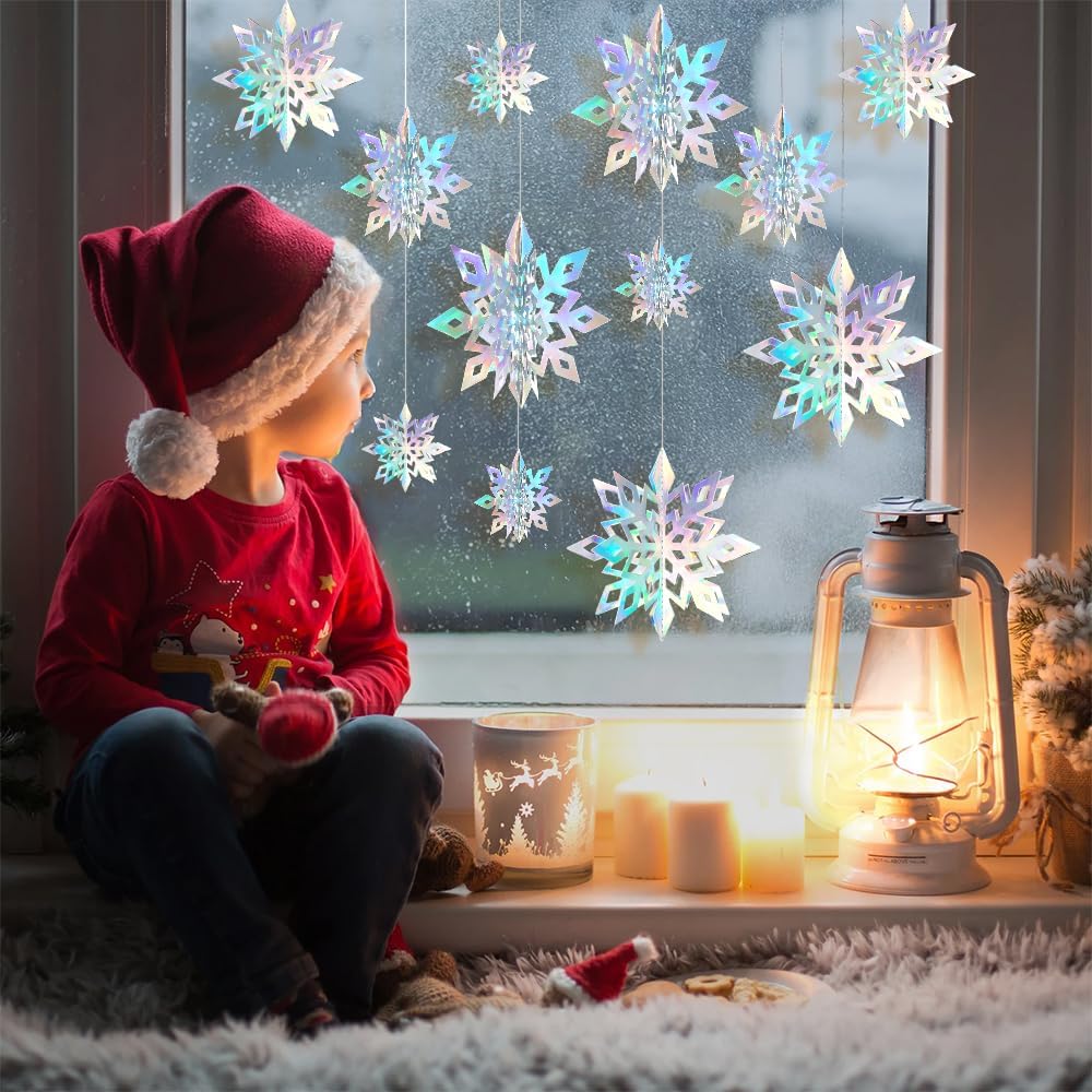 Skiennix 12PCS 3D Hanging Snowflake Decorations - Glitter Holographic Silver Ornaments for Winter Wonderland Holiday Decor