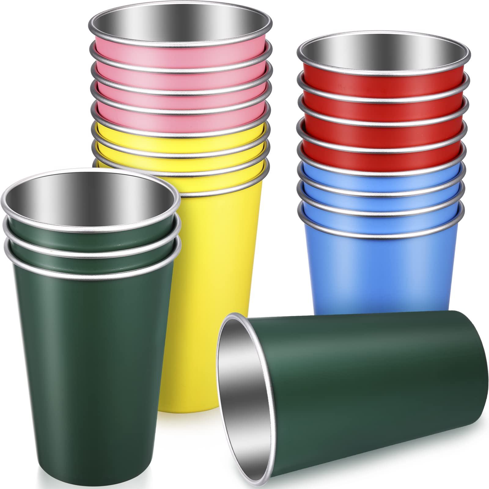Mimorou 20 Pack Stainless Steel Pint Cups Metal Cups Unbreakable Drinking Water Tumblers Stackable Tumbler for Adults Bar Home Restaurant Travel Picnic Camping Outdoor (Multicolor,16 oz)